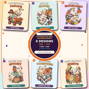 Retro Floral Ghost SVG & PNG Bundle, Patchwork Halloween Clipart, Cute Pumpkin Shirt Designs, Gingham Ghosts, Vintage Style Fall Graphics