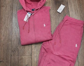 Sudadera unisex rosa con capucha y pantalón deportivo con logo estampado de Polo Ralph Lauren, chándal de felpa estilo polo streetwear.