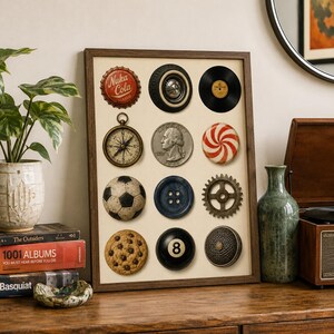 May include: A framed wall art print featuring a grid of twelve circular objects including a Nuka Cola bottle cap, a tire, a vinyl record, a compass, a 1964 quarter, a peppermint candy, a soccer ball, a blue button, a gear, a cookie, an 8-ball, and a textured metal knob.