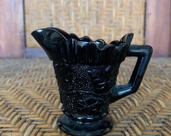 Vintage Black Glass Creamer with Daisy and Leaf Design | Made in USA