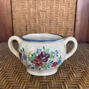 Azucarero de gres vintage pintado a mano con asas y diseño floral / Hecho en Japón
