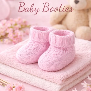 May include: A pair of pale pink knitted baby booties with ribbed cuffs, on a stack of pink and white towels. The words "Baby Booties" are displayed in a cursive font. A teddy bear and pink flowers are in the background.