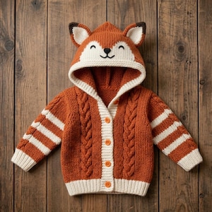 Może przedstawiać: Dzianinowy pomarańczowy sweter z kapturem z motywem lisa z białym wykończeniem i paskowanymi rękawami. Sweter posiada pyszczek lisa na kapturze, detale warkoczowe i pomarańczowe guziki. Dla dziecka.