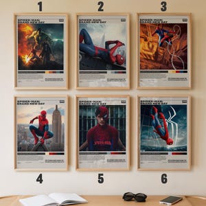 May include: Six framed posters titled Spider-Man: Brand New Day, each featuring a unique illustration of the character in red and blue attire. The posters include descriptive text, color palettes, and numbered labels from one to six on the wall.