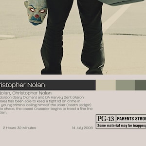 May include: A movie poster for The Dark Knight featuring a figure in black trousers holding a clown mask. Text includes Directed By Christopher Nolan, cast names, a plot summary, the PG-13 rating, 2 Hours 32 Minutes, and 14 July 2008.