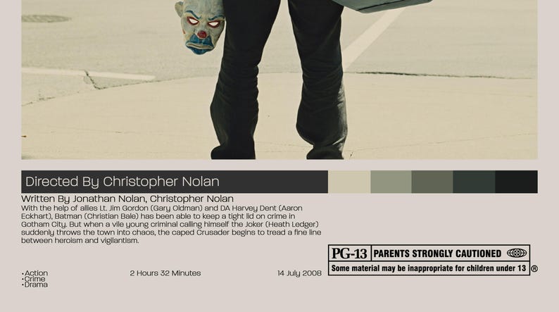 May include: A movie poster for The Dark Knight featuring a figure in black trousers holding a clown mask. Text includes Directed By Christopher Nolan, cast names, a plot summary, the PG-13 rating, 2 Hours 32 Minutes, and 14 July 2008.