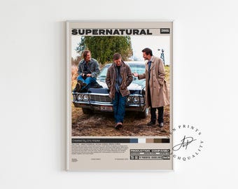 Póster de Supernatural, Eric Kripke, lámina de película retro, estilo moderno de mediados de siglo, póster de serie de televisión retro, póster de película minimalista, póster de película personalizado