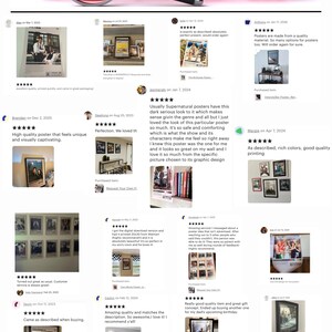 May include: A collage of customer reviews featuring five-star ratings and text testimonials about posters. The word REVIEW is displayed in large red 3D letters at the top, with a magnifying glass positioned over the letter V.