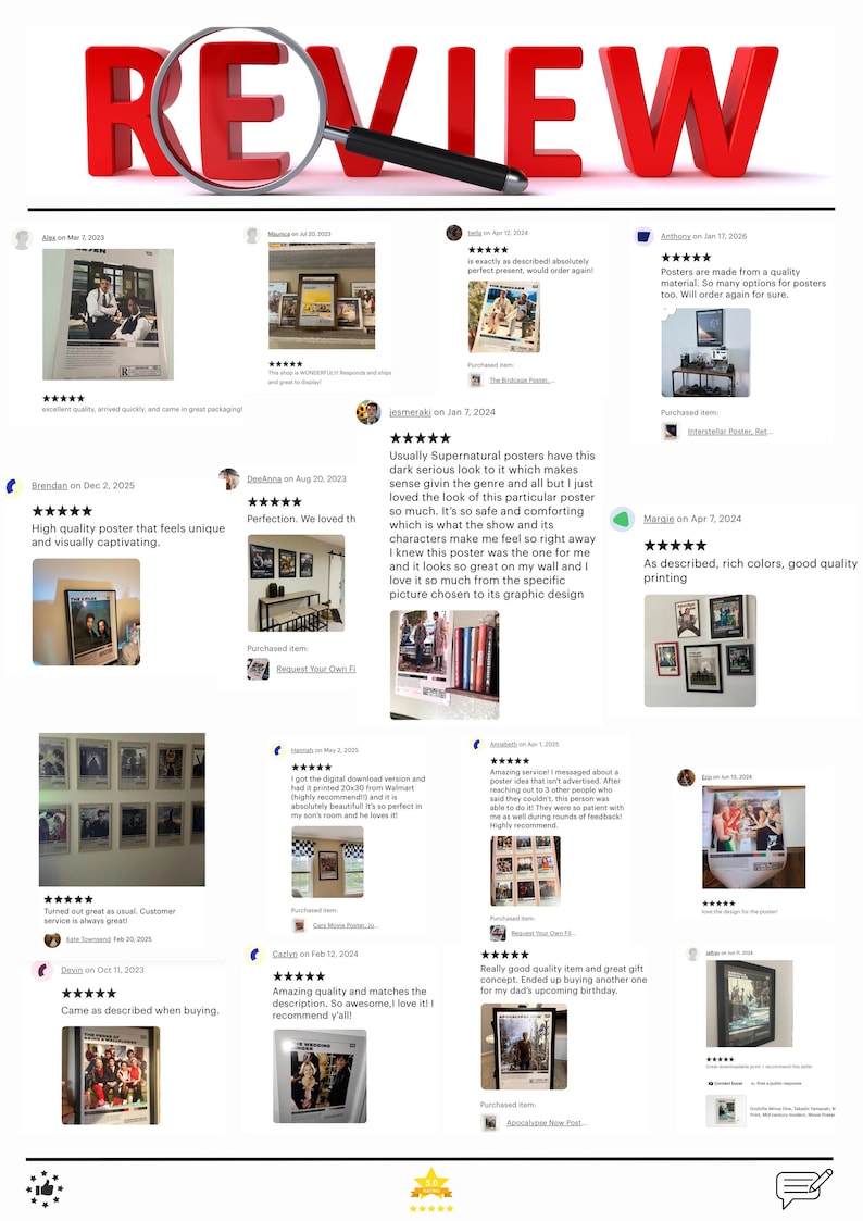 May include: A collage of customer reviews featuring five-star ratings and text testimonials about posters. The word REVIEW is displayed in large red 3D letters at the top, with a magnifying glass positioned over the letter V.