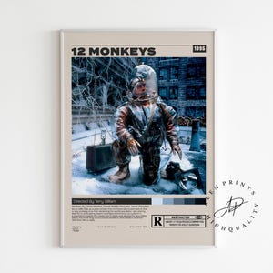 May include: A framed movie poster for "12 Monkeys" (1995) featuring a person in a hazmat suit kneeling in a snowy environment. The poster has a beige background with black text and a blue and gray color palette. The poster is rectangular.
