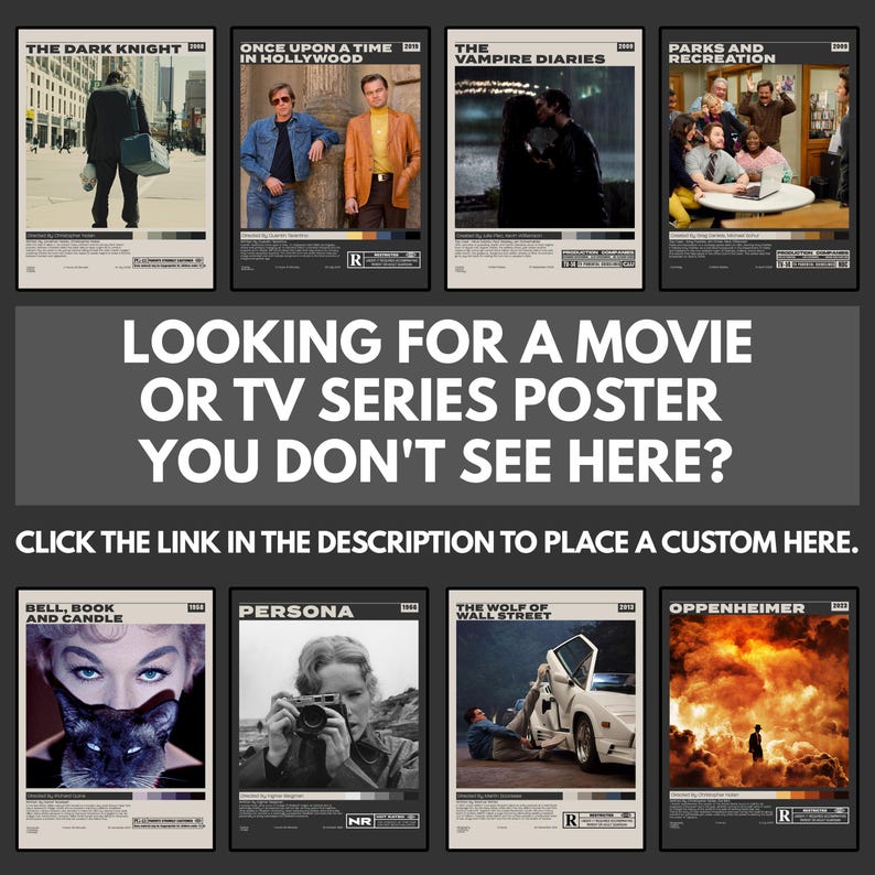 May include: A collection of eight rectangular movie and television posters featuring The Dark Knight, Once Upon a Time in Hollywood, The Vampire Diaries, Parks and Recreation, Bell, Book and Candle, Persona, The Wolf of Wall Street, and Oppenheimer.
