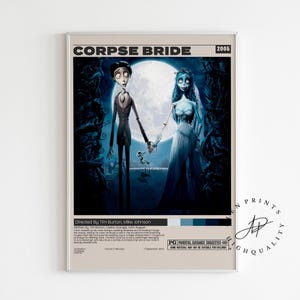 May include: A framed movie poster for "Corpse Bride" featuring the animated characters Victor and Emily. The poster has a beige background with the movie title at the top and the year 2005. The characters are holding hands in front of a full moon.