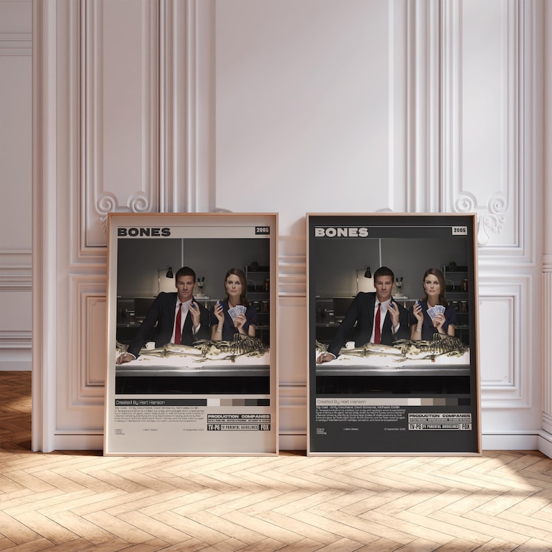 Póster de Bones, serie de televisión Bones, impresión de película retro, estilo moderno de mediados de siglo, póster de programa de televisión retro, póster de película minimalista, póster de película personalizado imagen 2