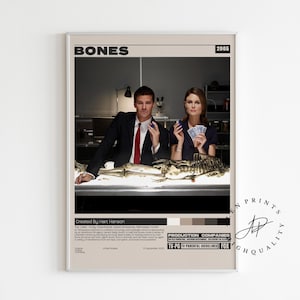 Póster de Bones, serie de televisión Bones, impresión de película retro, estilo moderno de mediados de siglo, póster de programa de televisión retro, póster de película minimalista, póster de película personalizado imagen 1