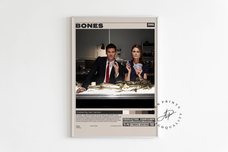 Póster de Bones, serie de televisión Bones, impresión de película retro, estilo moderno de mediados de siglo, póster de programa de televisión retro, póster de película minimalista, póster de película personalizado imagen 1