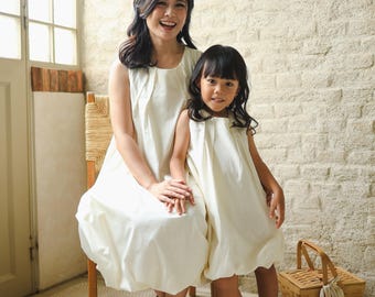 Mama Daughter Dress – Cream Balloon Silhouette Midi Matching Outfit