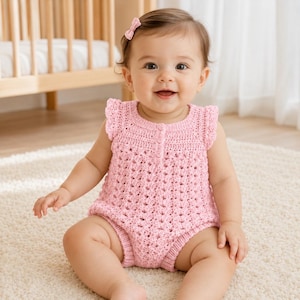 May include: A light pink crocheted baby romper featuring a textured stitch pattern, ruffled cap sleeves, and a front button placket. The garment has a round neckline and ribbed leg openings, crafted from soft yarn in a delicate pastel shade.