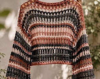 Crochet Mesh Sweater Pattern PDF, Striped Crochet Crop Top, Long Sleeve Mesh Top, Crochet Pullover Pattern