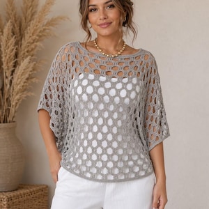 Crochet Mesh Top Pattern PDF, Open Mesh Crochet Shirt Pattern, Easy Summer Cover Up, Boat Neck Top S-XL