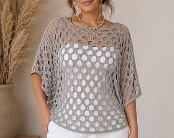 Crochet Mesh Top Pattern PDF, Open Mesh Crochet Shirt Pattern, Easy Summer Cover Up, Boat Neck Top S-XL