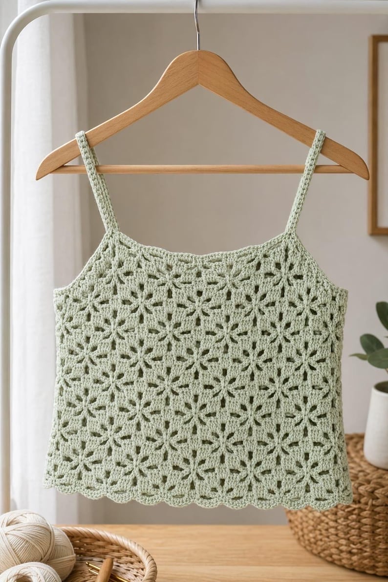 May include: A light green crochet top with a floral pattern, hanging on a wooden hanger. The top features a scalloped edge and thin straps. The handmade garment is displayed in a well-lit setting.