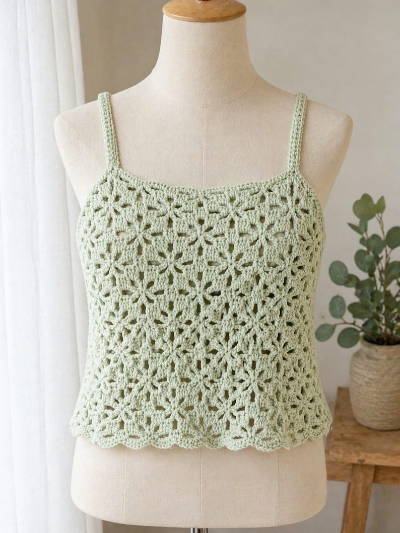 May include: A light green crochet top with a floral pattern. The top has thin straps and a scalloped hem. The garment is displayed on a mannequin.