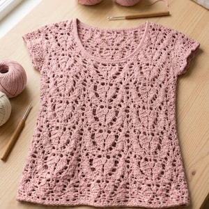 Può includere: Un top all'uncinetto rosa polveroso a maniche corte con scollo tondo. Il top presenta un motivo traforato. Due gomitoli di filo rosa e uncinetti sono sulla superficie di legno, suggerendo un progetto artigianale fatto a mano.