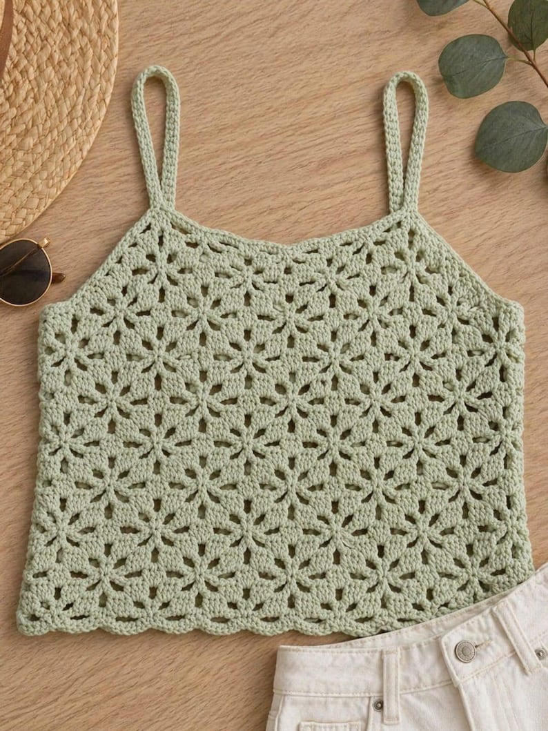 May include: A light green crochet top with a floral pattern. The top has thin straps and a scalloped hem. The top is made of a soft, breathable material, perfect for warm weather.