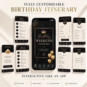 Peut inclure: Maquette d'application numérique d'itinéraire d'anniversaire avec un thème noir et or. L'application affiche différents écrans, dont un planning, une liste d'invités et un budget. L'écran principal indique "Birthday Weekend Itinerary".