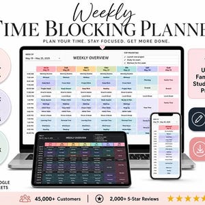 May include: A digital time blocking planner displayed on a laptop, tablet, and smartphone. The planner features a weekly overview with hourly, daily, and weekly views. Includes light and dark themes, and is fully editable. The planner is designed for family life, study, and work projects.