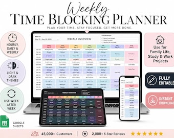 Time Blocking Weekly Planner Google Sheets ADHD Daily Schedule Template, 24 Hour Task Tracker Spreadsheet, Weekly Calendar Time Management