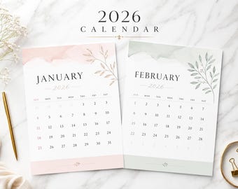 2026 Calender Printable, Elegant Monthly Planner Minimalist Wall Calendar, Editable Landscape Portrait Sunday Monday Start PDF Download