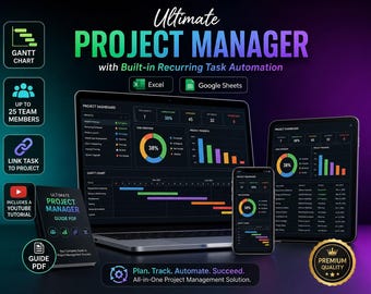 Ultimate Project Tracker Spreadsheet Google Sheets Excel Template Project Management Planner Gantt Chart Kanban Board Budget Task Tracker