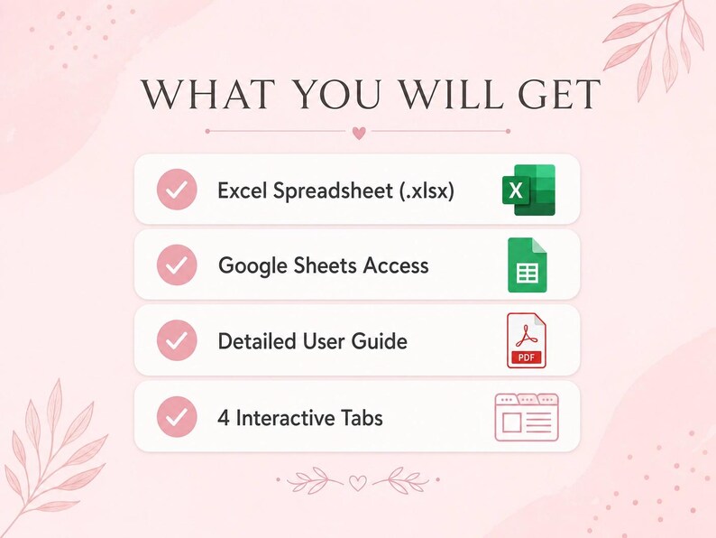 May include: A pink graphic with the text "WHAT YOU WILL GET" and four bullet points: Excel Spreadsheet, Google Sheets Access, Detailed User Guide, and 4 Interactive Tabs. Each point has a checkmark and an icon.