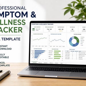 Puede incluir: Un portátil muestra una plantilla de Excel "Symptom & Wellness Tracker". La pantalla muestra gráficos y visualizaciones de datos. El texto incluye "Today's Overview", "Symptom Severity" y "Wellness Score". Hay un cuaderno y un bolígrafo en el escritorio.