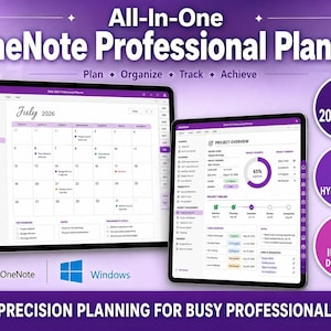 Può includere: Due tablet mostrano un'agenda digitale, con un calendario per luglio 2026 e una panoramica del progetto. L'agenda è denominata "OneNote Professional Planner" e include il testo "Pianifica, Organizza, Tieni traccia, Raggiungi." Il testo aggiuntivo include "2026-2027" e "Download istantaneo."