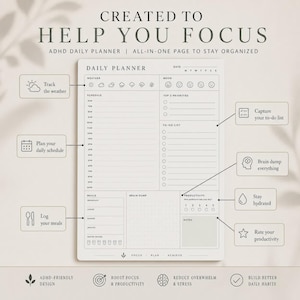 May include: A white daily planner page with black text and icons. Sections include weather, mood, schedule, top 3 priorities, to-do list, meals, brain dump, productivity, and notes. Text reads: CREATED TO HELP YOU FOCUS, ADHD DAILY PLANNER.