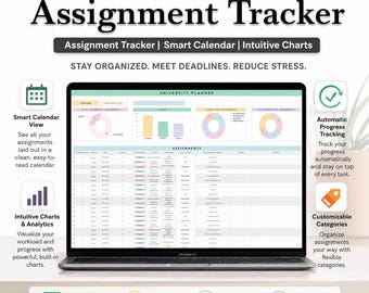 Assignment Tracker Google Sheets | Student Planner Academic Spreadsheet, College University Study Planner, School Class Assignment Calendar