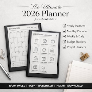 Peut inclure: Le planificateur The Ultimate 2026 Planner pour tablette reMarkable 2 affiche un calendrier mensuel et un tableau de bord avec des icônes pour les planificateurs annuels, mensuels, hebdomadaires, quotidiens, budgétaires et de projets. 1000+ pages.