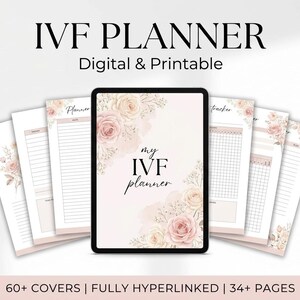Könnte beinhalten: Ein digitaler IVF-Planer auf einem Tablet-Bildschirm, umgeben von mehreren druckbaren Seiten. Das Cover zeigt zarte rosa Blumenillustrationen und den Text 'my IVF planner'. Die Seiten enthalten Tracker und Listen mit passenden floralen Akzenten.