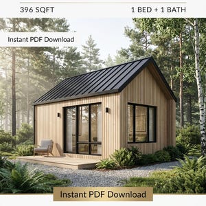 May include: A small cabin with light wood vertical siding and a black metal roof, featuring large windows and a wooden deck. Text reads: THE NORDIC RETREAT, 396 SQFT, 1 BED + 1 BATH, Instant PDF Download, Modern Scandinavian Design, LUXURY ARCHITECTURAL STUDIO.