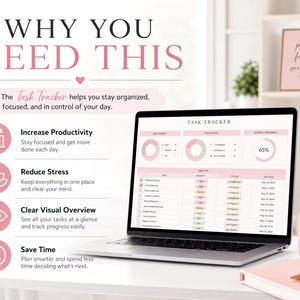 May include: A laptop displaying a "Task Tracker" interface is on a white desk. The screen shows a task list with progress indicators. The image includes text: "Why You Need This" and benefits like "Increase Productivity" and "Reduce Stress". A pink mug and notebook are also visible.