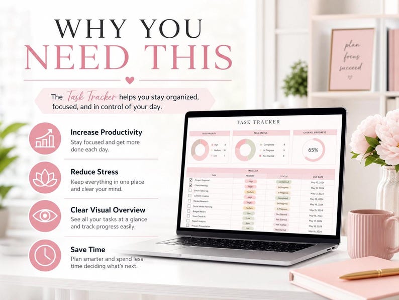 May include: A laptop displaying a "Task Tracker" interface is on a white desk. The screen shows a task list with progress indicators. The image includes text: "Why You Need This" and benefits like "Increase Productivity" and "Reduce Stress". A pink mug and notebook are also visible.