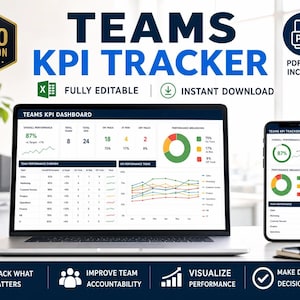 May include: A digital Teams KPI Tracker displayed on a laptop screen and a smartphone. The dashboard features performance metrics, a pie chart, and a trend line graph. Text includes "TEAMS KPI TRACKER," "PRO EDITION," and "PDF GUIDE INCLUDED."