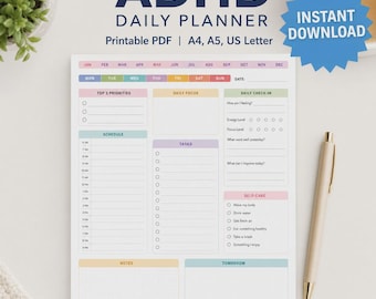 ADHD Brain Dump Printable Daily Planner PDF Undated Task Tracker Time Blocking Template Digital Product Thought Organization To Do List