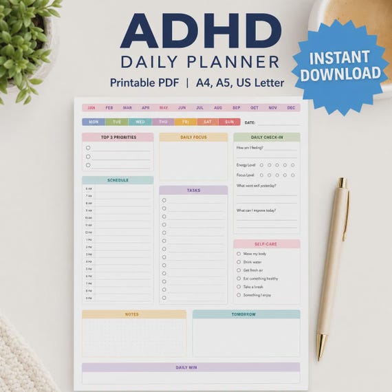 ADHD Brain Dump Printable Daily Planner PDF Undated Task Tracker Time Blocking Template Digital Product Thought Organization To Do List