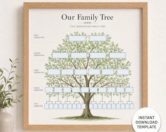 Family Tree Template | 5 Generation Fillable PDF Chart | Printable Genealogy Pedigree | Ancestry Family History Reunion Keepsake Poster Art
