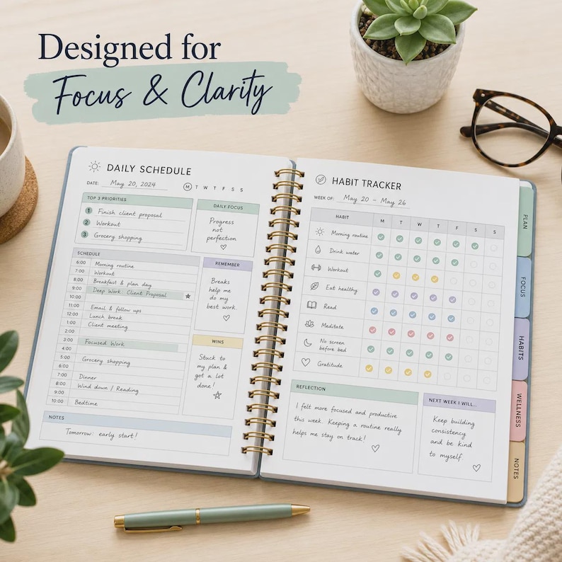 May include: An open spiral-bound planner with a daily schedule and habit tracker. The page features sections for top priorities, a daily focus, and a weekly habit grid. The text reads Designed for Focus & Clarity, Daily Schedule, and Habit Tracker.