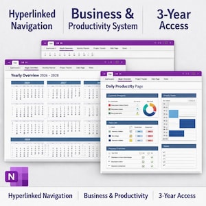 May include: Screenshots of a business and productivity system interface, featuring a yearly calendar overview from 2026-2028 and a daily productivity page with charts and task lists. The interface has a purple and white color scheme. Text includes "Hyperlinked Navigation" and "3-Year Access."
