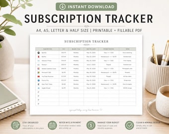 Subscription Tracker Printable, Monthly Bill Payment Log, Membership Checklist, Expense Tracker PDF, Finance Budget, A4 A5 Letter Size